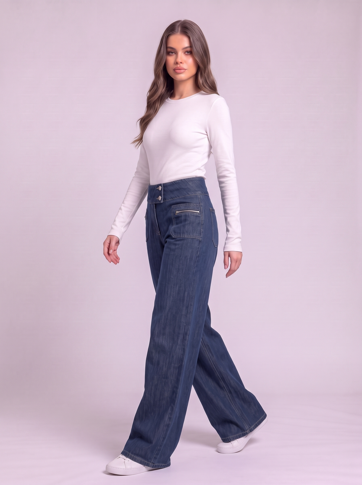 High-Waisted Wide-Leg Jeans with Zippered Pockets - Dark Blue - side