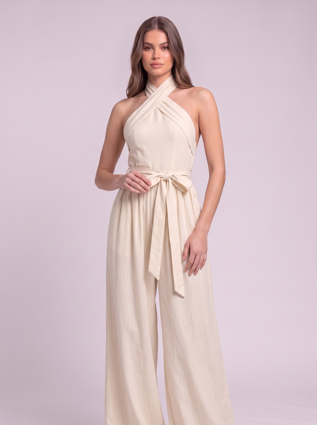 Halter Neck Wide-Leg Jumpsuit with Waist-Tie Detail - Milky White - detail