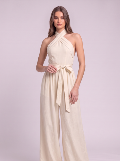 Halter Neck Wide-Leg Jumpsuit with Waist-Tie Detail - Milky White - detail