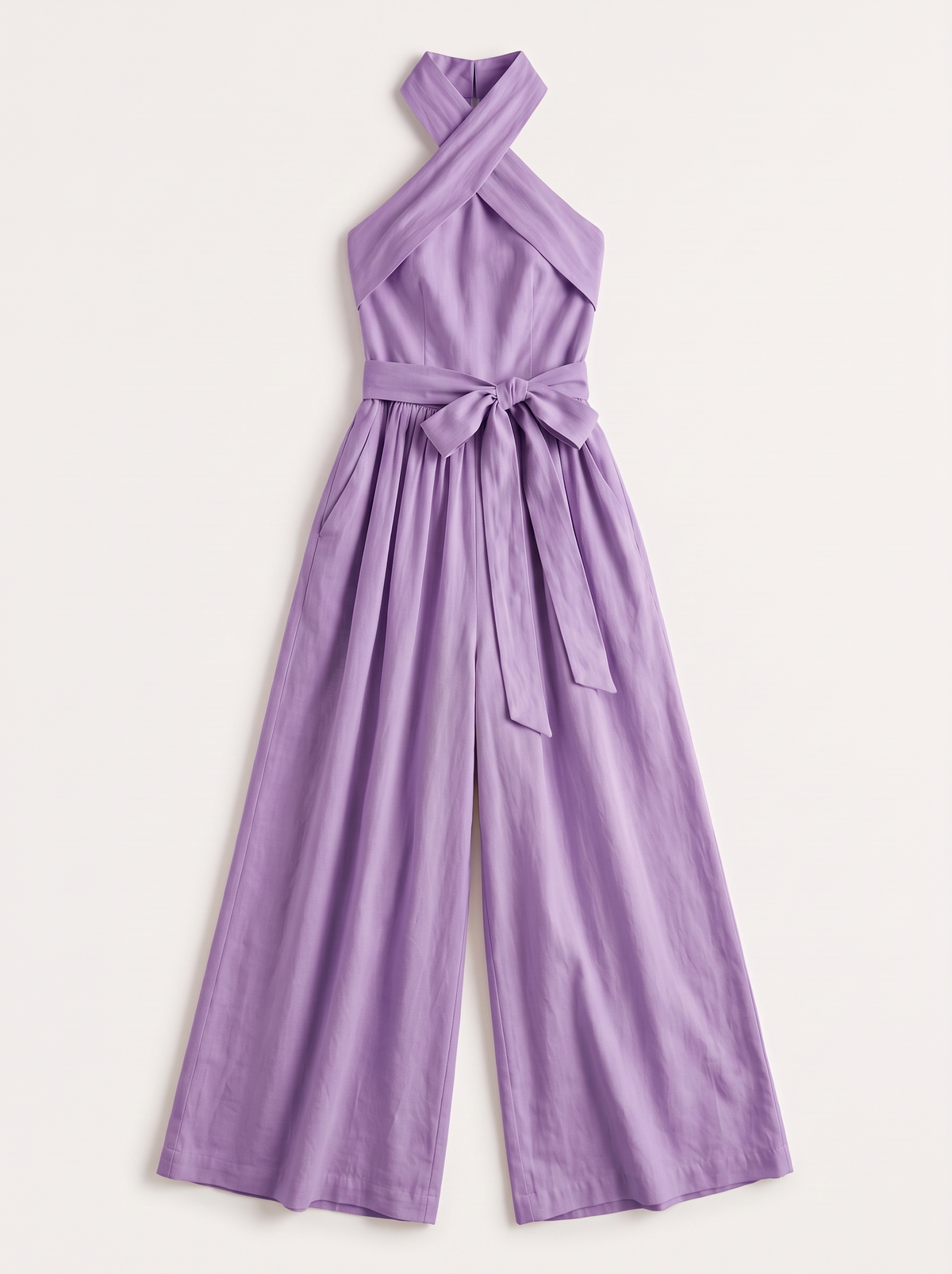 Halter Neck Wide-Leg Jumpsuit with Waist-Tie Detail - Purple - flat lay