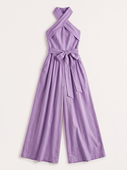 Halter Neck Wide-Leg Jumpsuit with Waist-Tie Detail - Purple - flat lay