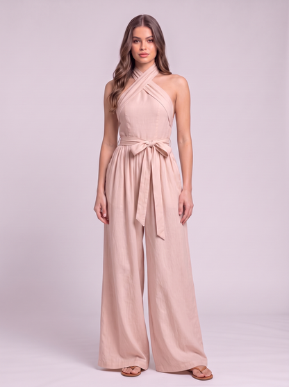 Halter Neck Wide-Leg Jumpsuit with Waist-Tie Detail - Pink
