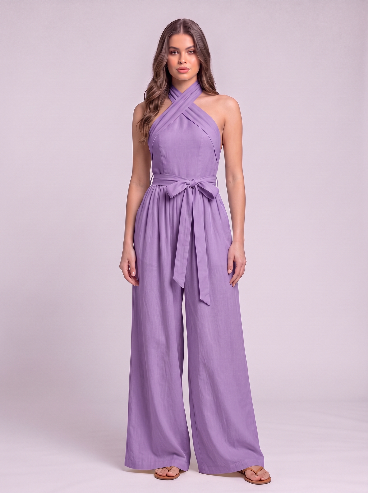 Halter Neck Wide-Leg Jumpsuit with Waist-Tie Detail - Purple