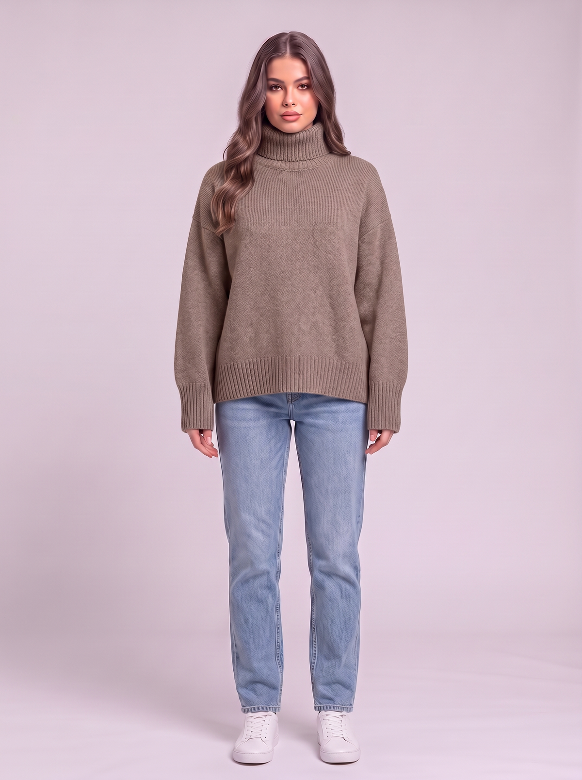 Turtleneck Dropped Shoulder Sweater - Coffee