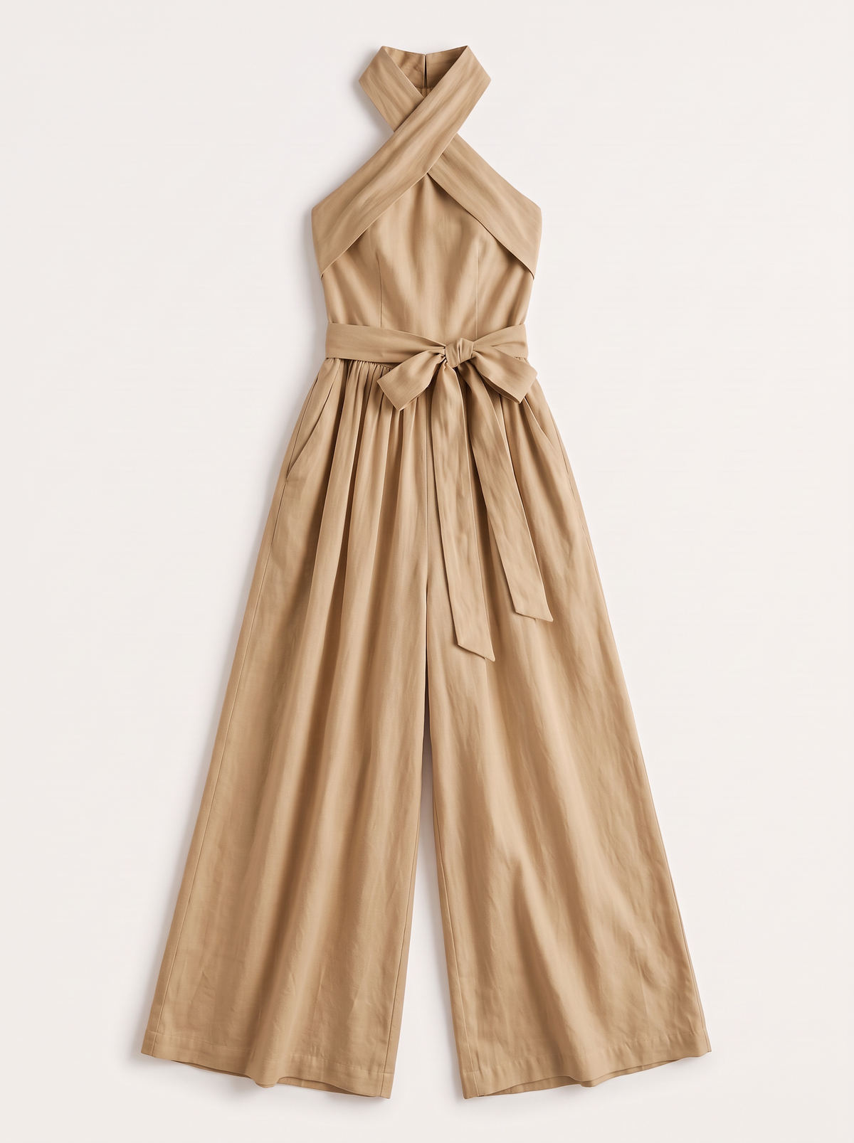 Halter Neck Wide-Leg Jumpsuit with Waist-Tie Detail - Khaki - flat lay