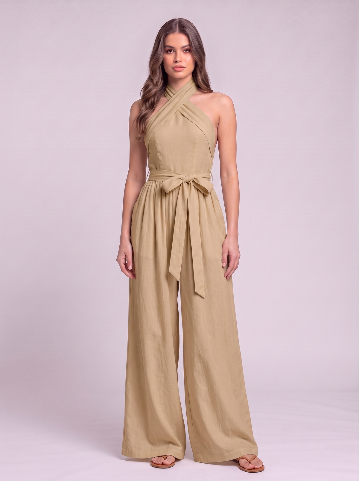 Halter Neck Wide-Leg Jumpsuit with Waist-Tie Detail - Khaki
