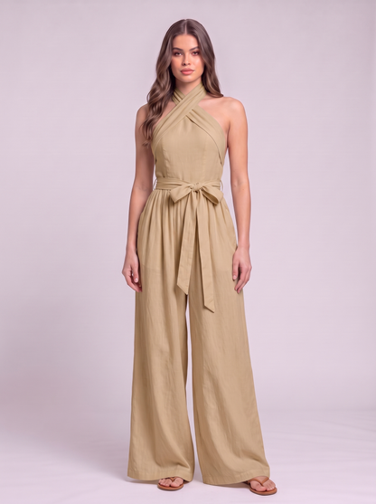 Halter Neck Wide-Leg Jumpsuit with Waist-Tie Detail - Khaki