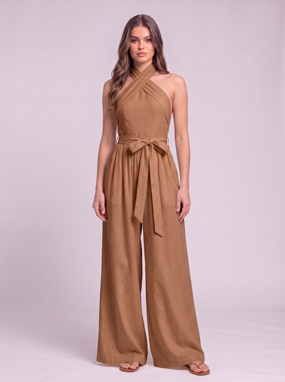 Halter Neck Wide-Leg Jumpsuit with Waist-Tie Detail - Brown