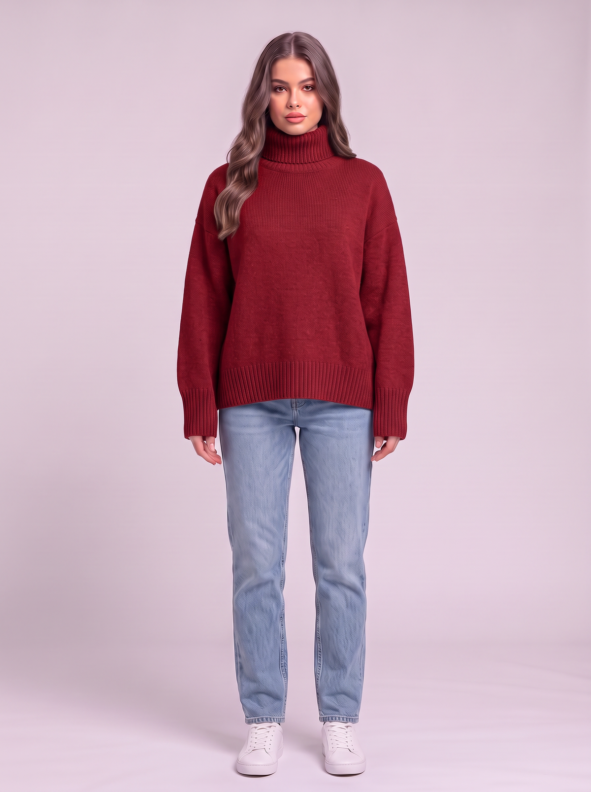 Turtleneck Dropped Shoulder Sweater - Red