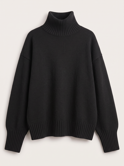 Turtleneck Dropped Shoulder Sweater - Black - flat lay