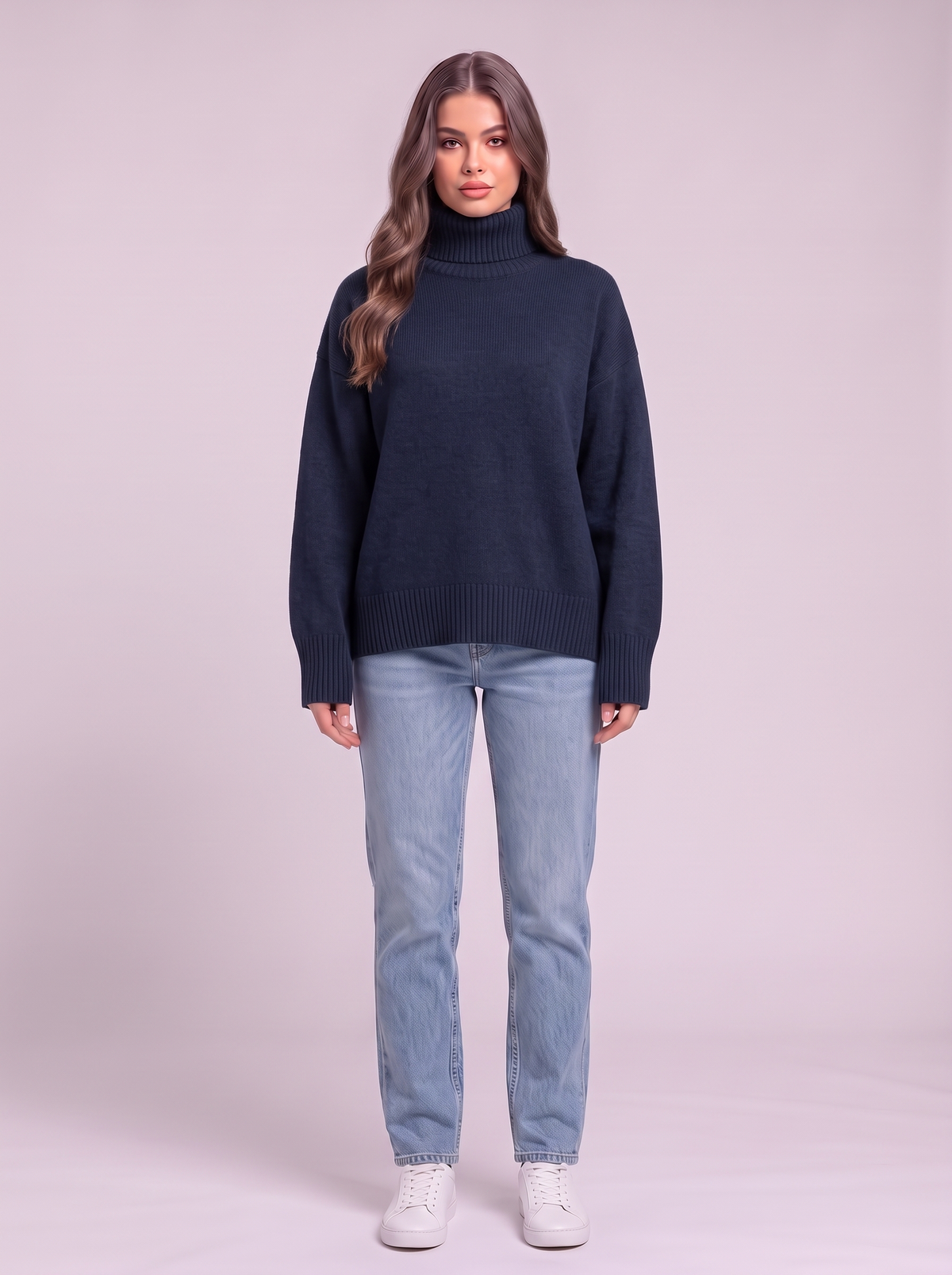 Turtleneck Dropped Shoulder Sweater - Navy