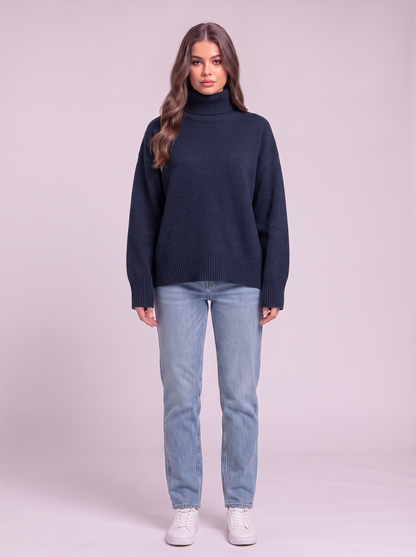 Turtleneck Dropped Shoulder Sweater - Navy