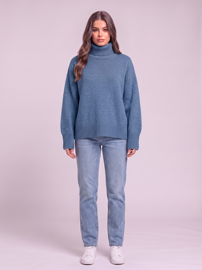 Turtleneck Dropped Shoulder Sweater - Blue