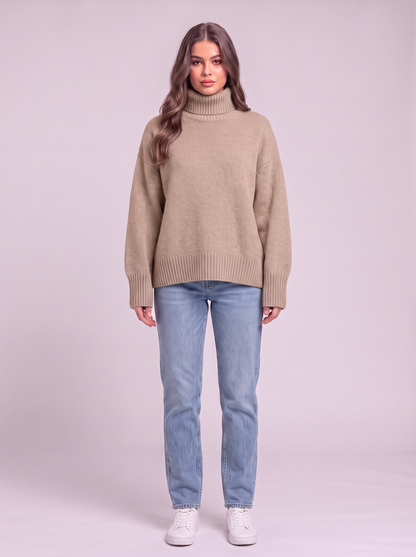 Turtleneck Dropped Shoulder Sweater - Camel