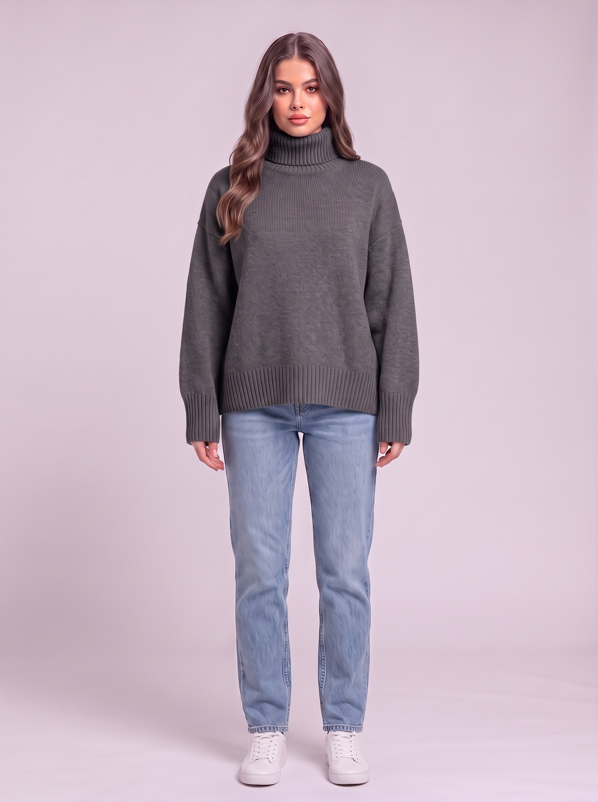 Turtleneck Dropped Shoulder Sweater - Dark Gray