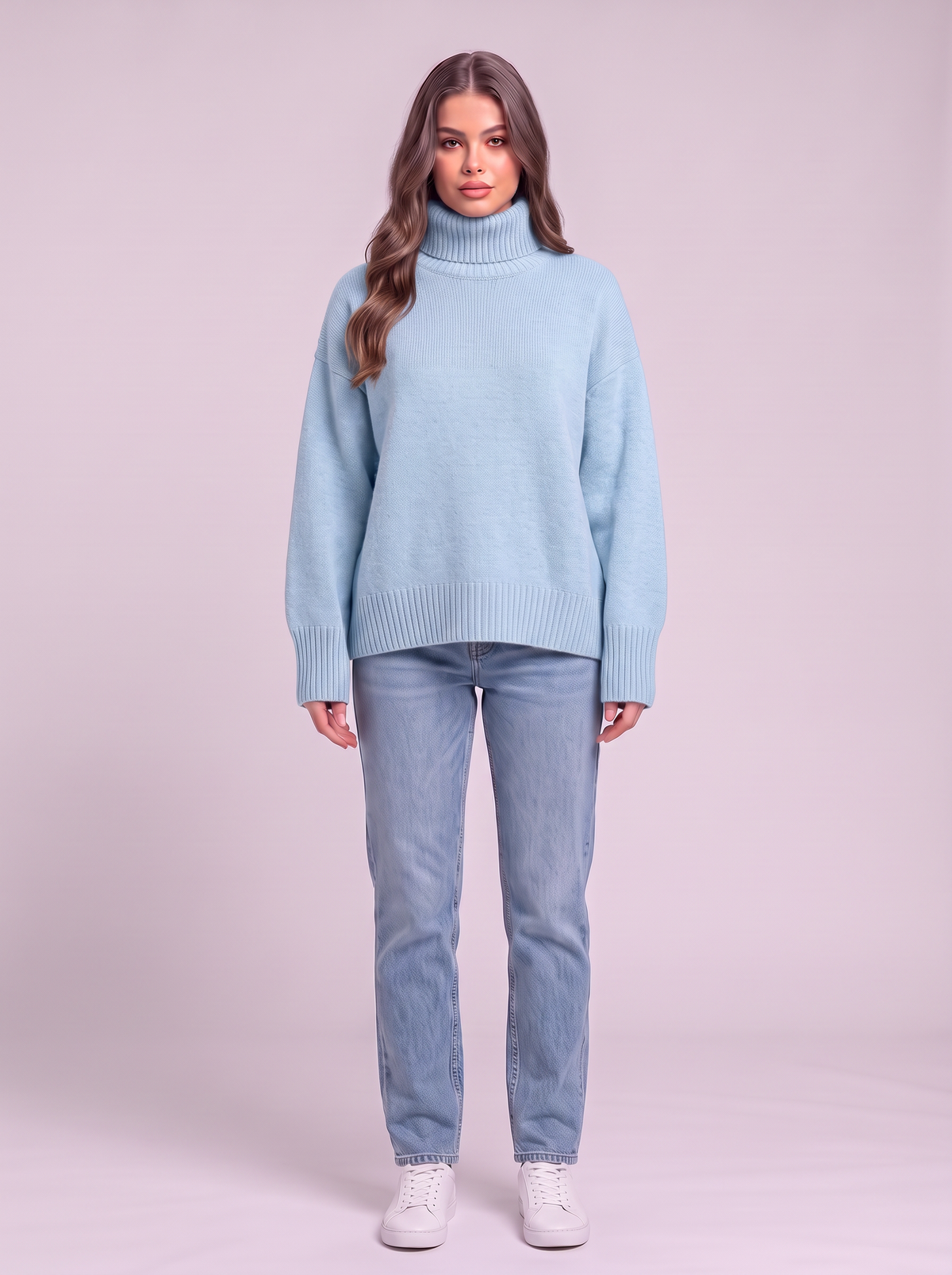 Turtleneck Dropped Shoulder Sweater - Light Blue