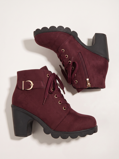 Lace-Up Buckle Chunky Heel Ankle Boots - Red - flat lay