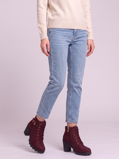 Lace-Up Buckle Chunky Heel Ankle Boots - Red