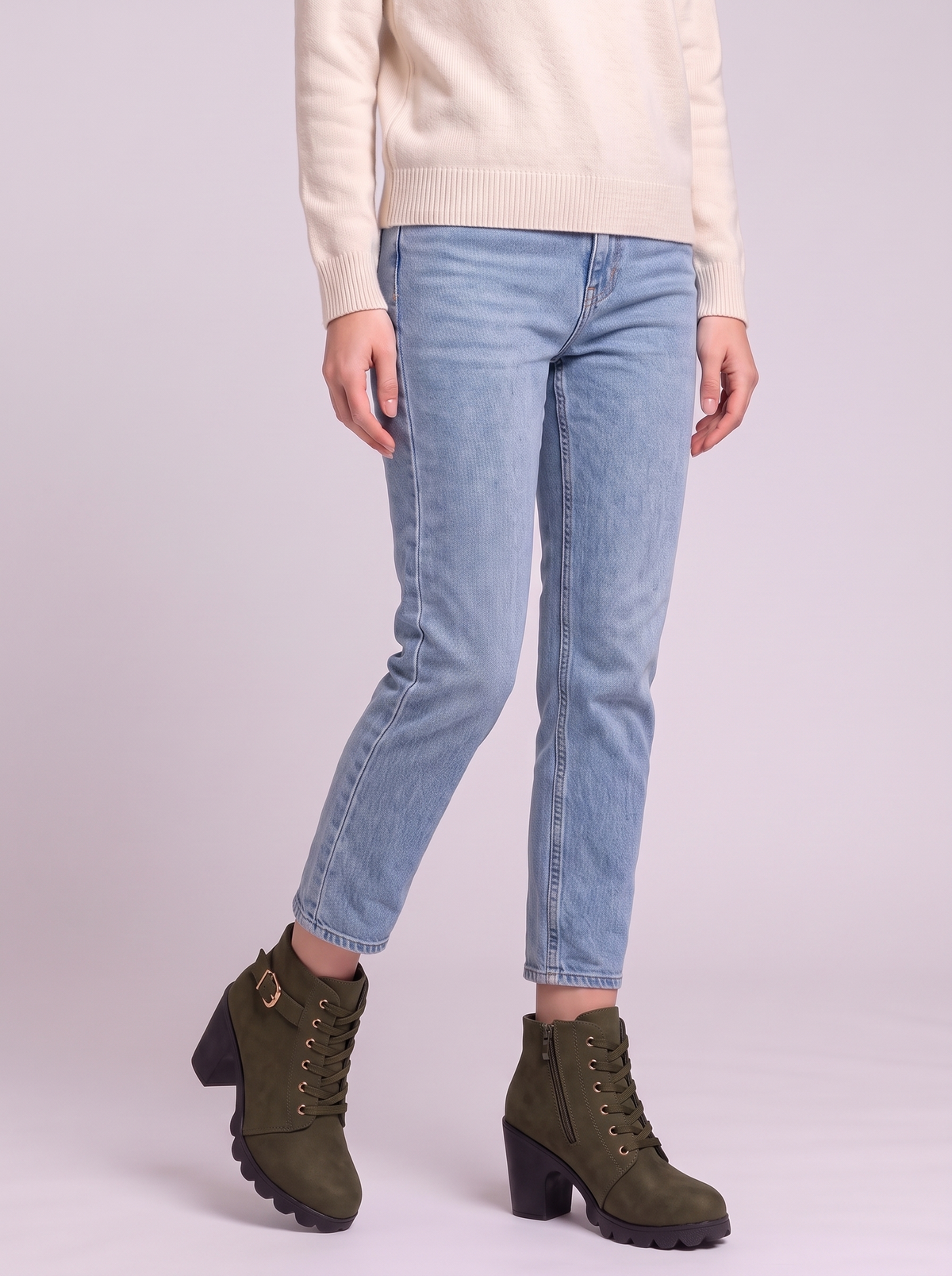 Lace-Up Buckle Chunky Heel Ankle Boots - Green