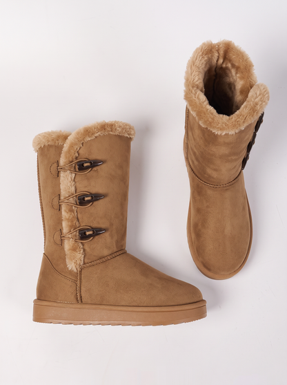 Mid-Calf Faux Fur Lined Toggle Button Winter Boots - Camel - flat lay