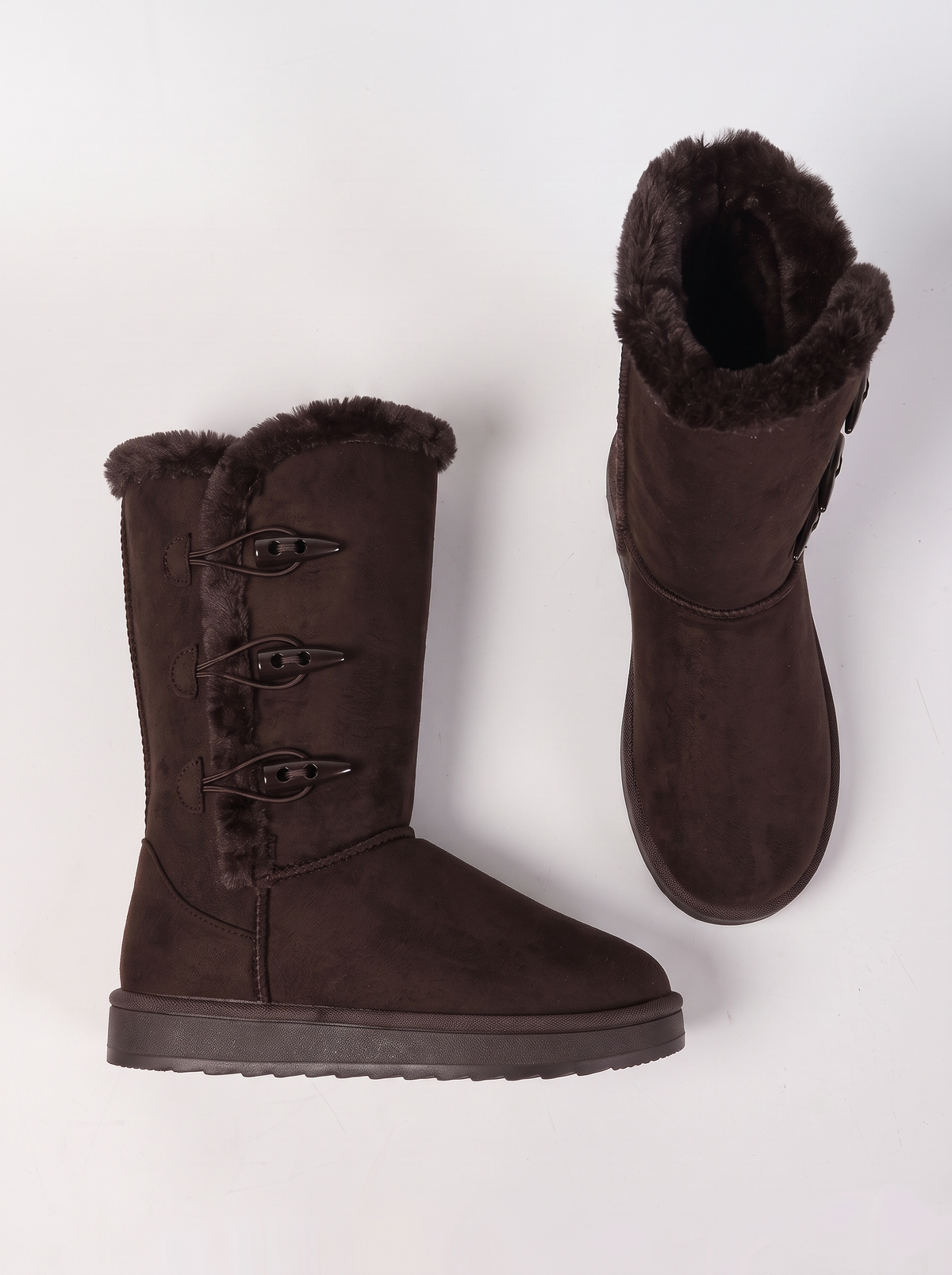 Mid-Calf Faux Fur Lined Toggle Button Winter Boots - Coffee Brown - flat lay