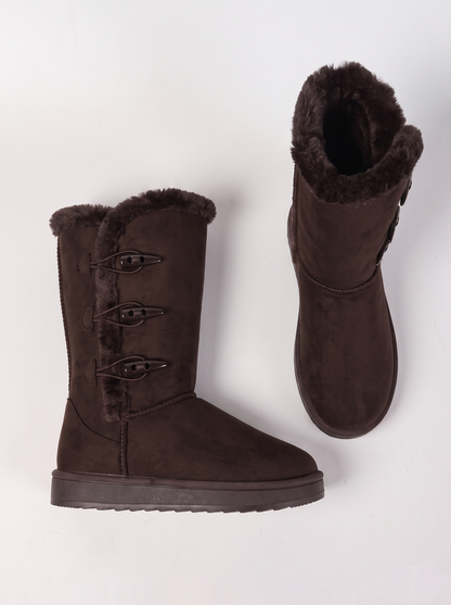 Mid-Calf Faux Fur Lined Toggle Button Winter Boots - Coffee Brown - flat lay
