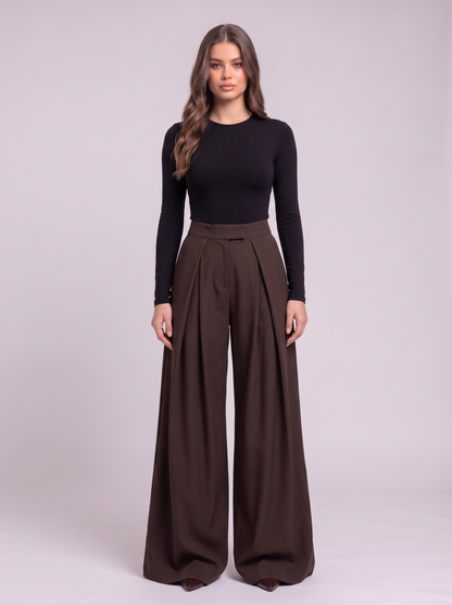 High-Waisted Pleated Wide-Leg Pants - Gray