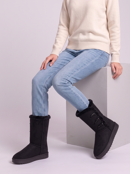 Mid-Calf Faux Fur Lined Toggle Button Winter Boots - Black - seated