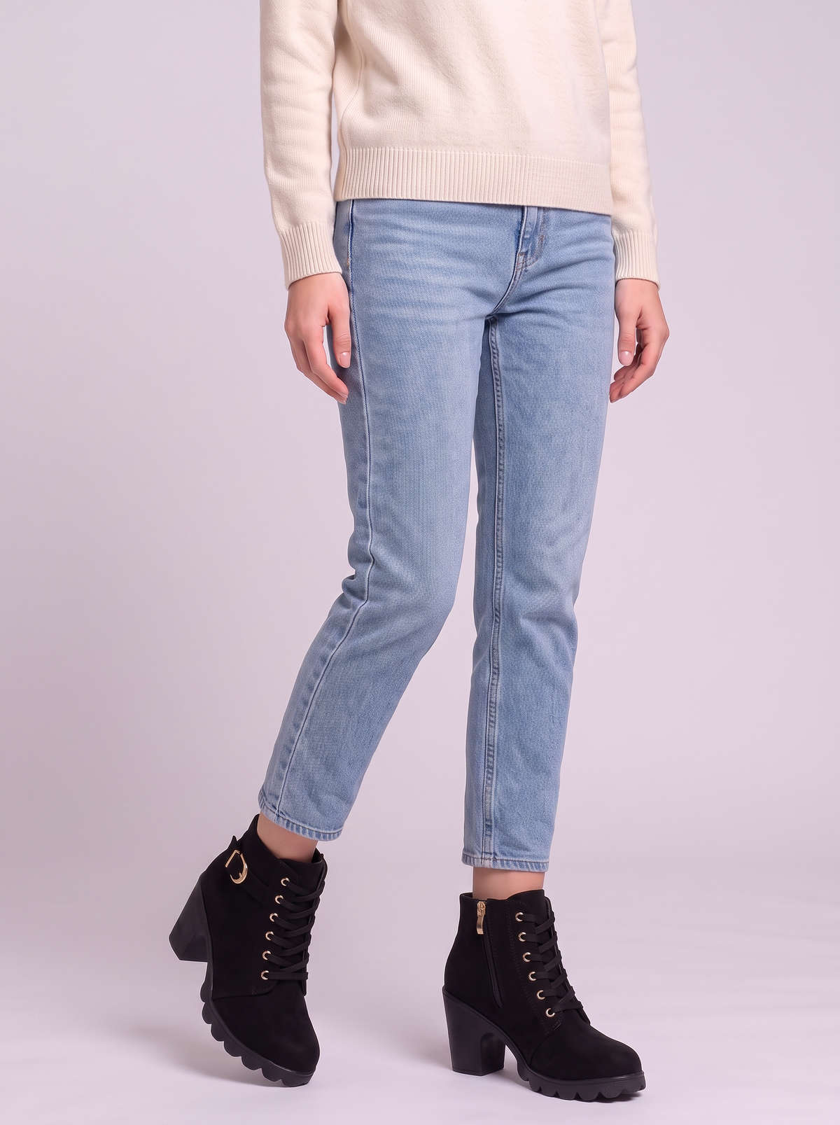 Lace-Up Buckle Chunky Heel Ankle Boots - Black