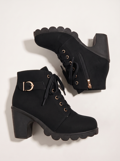 Lace-Up Buckle Chunky Heel Ankle Boots - Black - flat lay