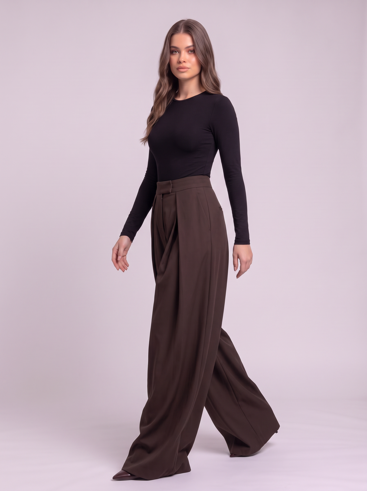 High-Waisted Pleated Wide-Leg Pants - Gray - side