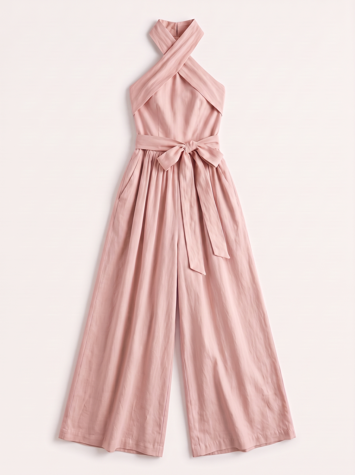 Halter Neck Wide-Leg Jumpsuit with Waist-Tie Detail - Pink - flat lay