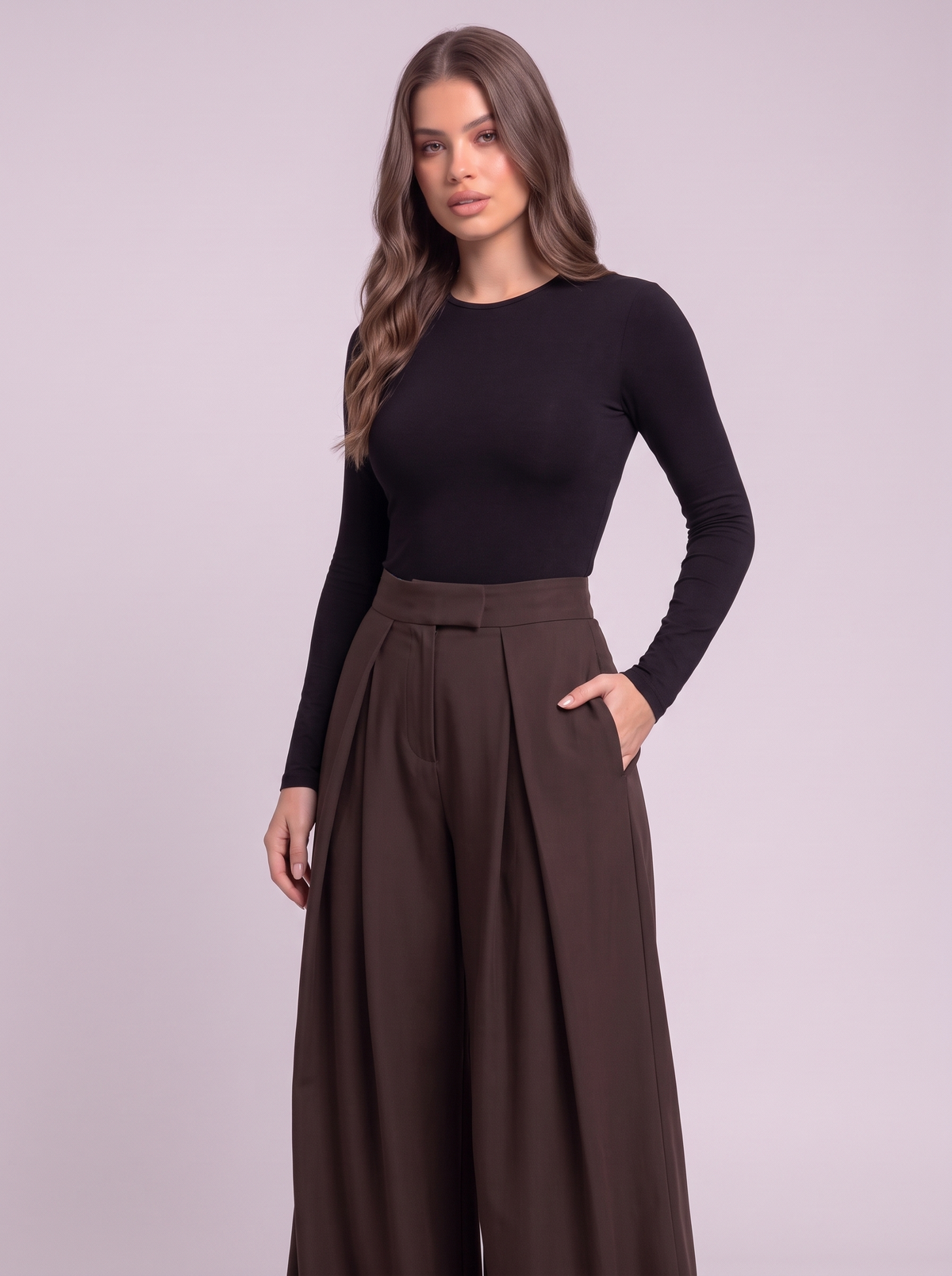 High-Waisted Pleated Wide-Leg Pants - Gray - detail