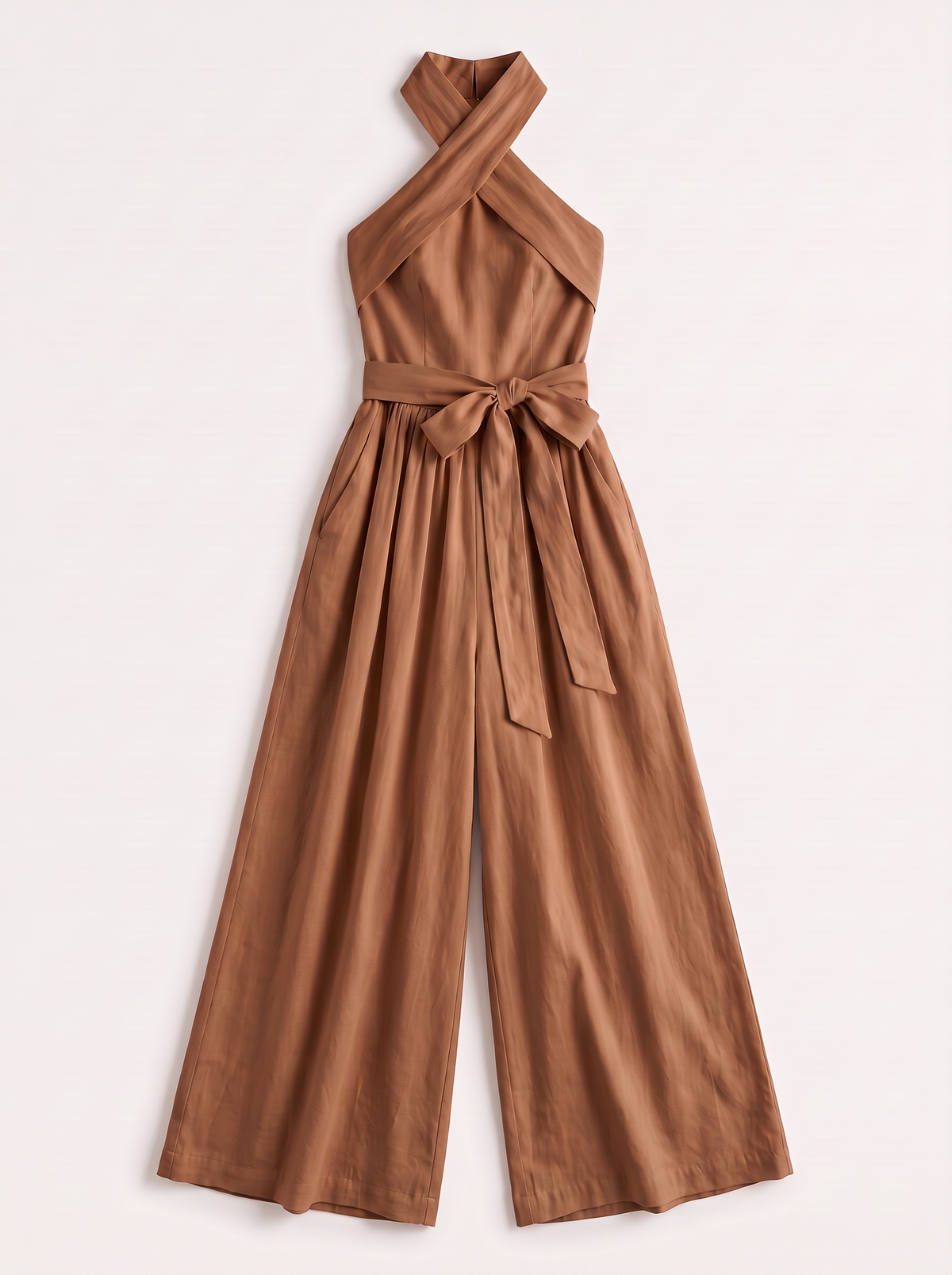 Halter Neck Wide-Leg Jumpsuit with Waist-Tie Detail - Brown - flat lay