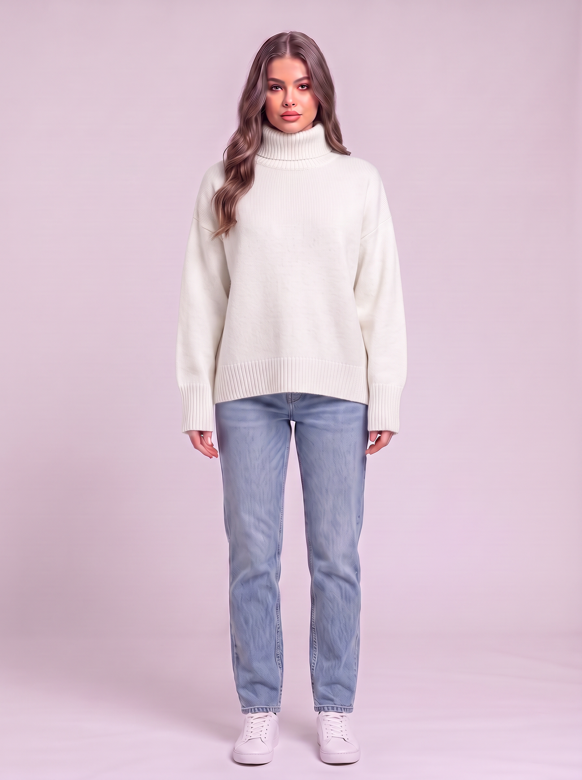 Turtleneck Dropped Shoulder Sweater - White