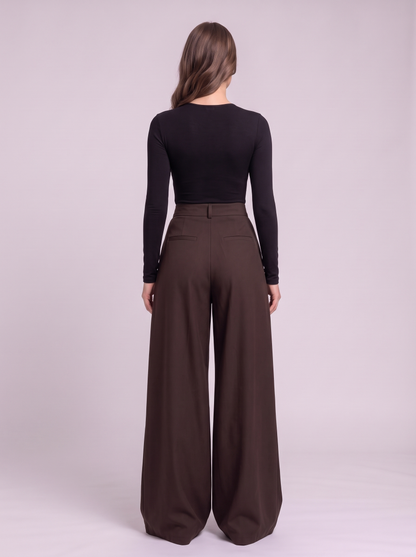 High-Waisted Pleated Wide-Leg Pants - Gray - back
