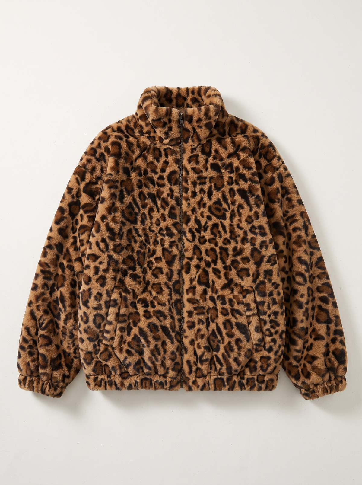 Leopard Faux Fur Zip Jacket - Coffee - flat lay