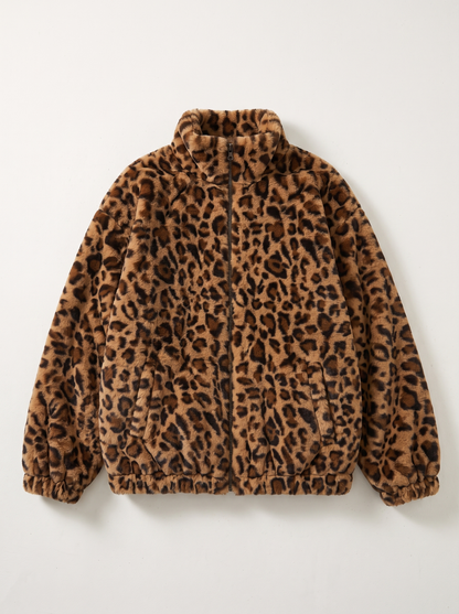 Leopard Faux Fur Zip Jacket - Coffee - flat lay