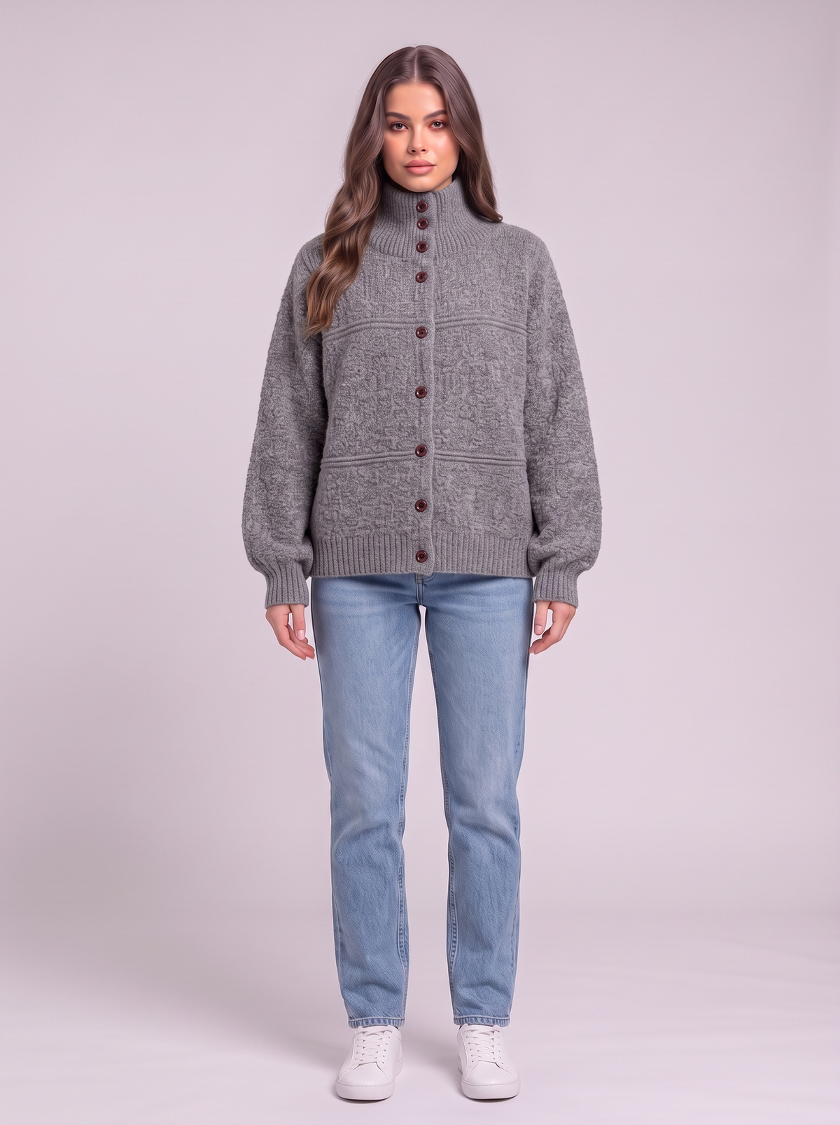 Half-Turtleneck Button Knit Cardigan - Gray