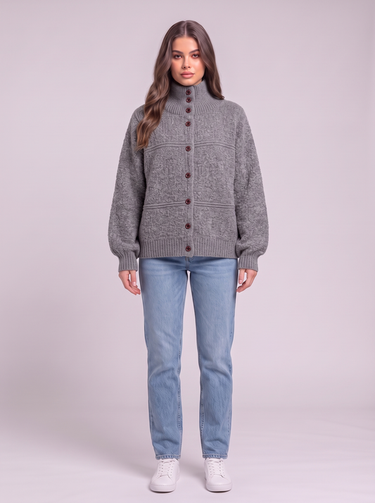 Half-Turtleneck Button Knit Cardigan - Gray