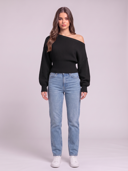 Off-the-Shoulder Cropped Rib Sweater - Black