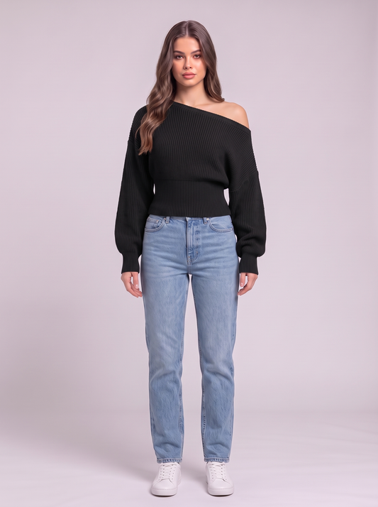 Off-the-Shoulder Cropped Rib Sweater - Black