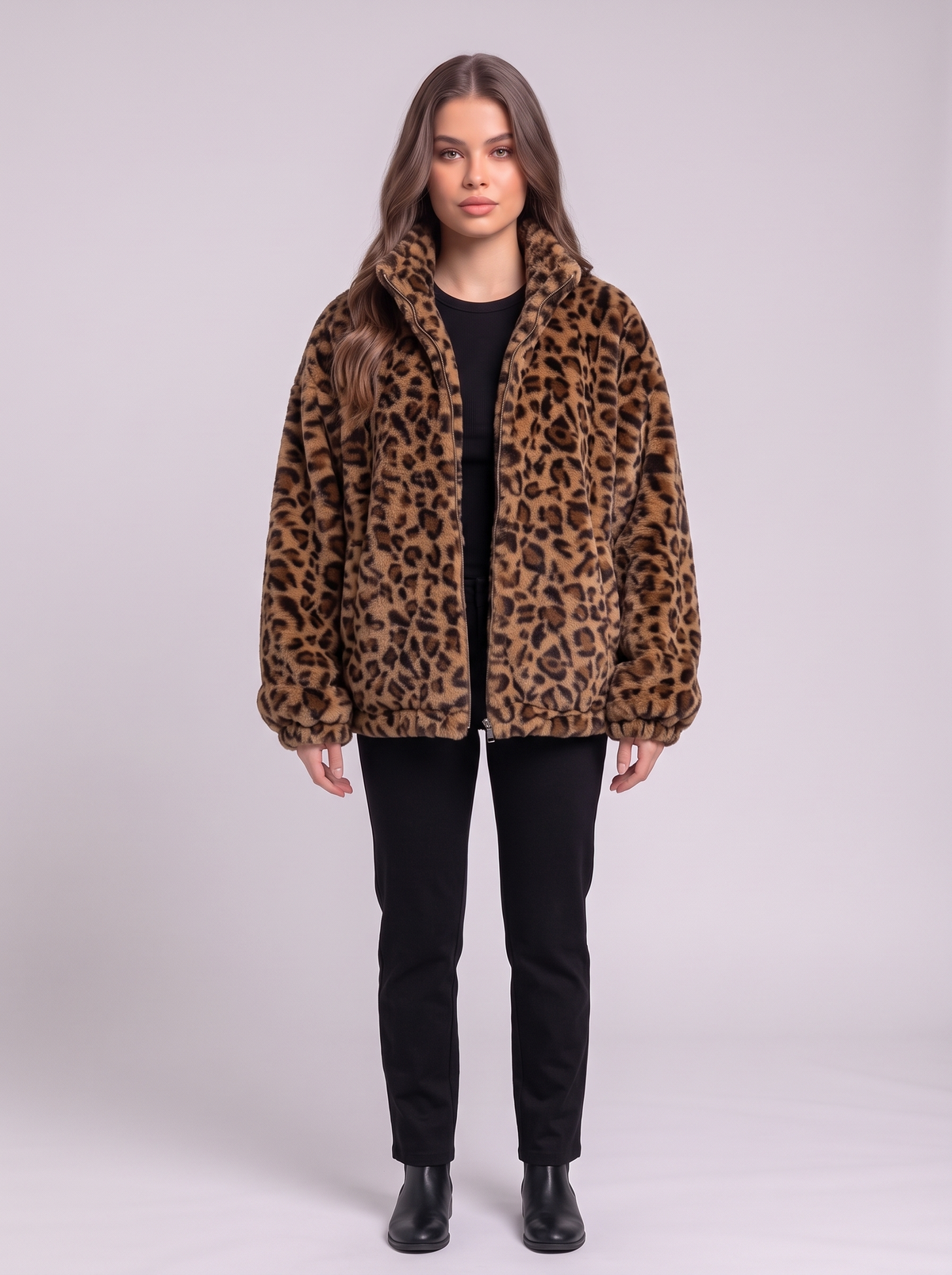 Leopard Faux Fur Zip Jacket - Coffee