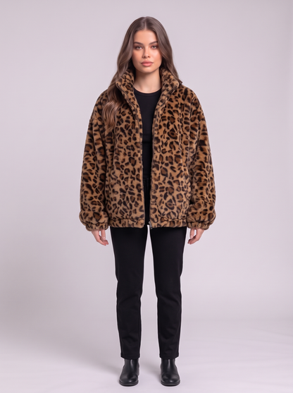 Leopard Faux Fur Zip Jacket - Coffee
