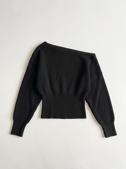 Off-the-Shoulder Cropped Rib Sweater - Black - flat lay