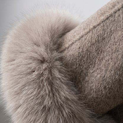 Fur Collar Wool Cape Coat - Gray - close-up