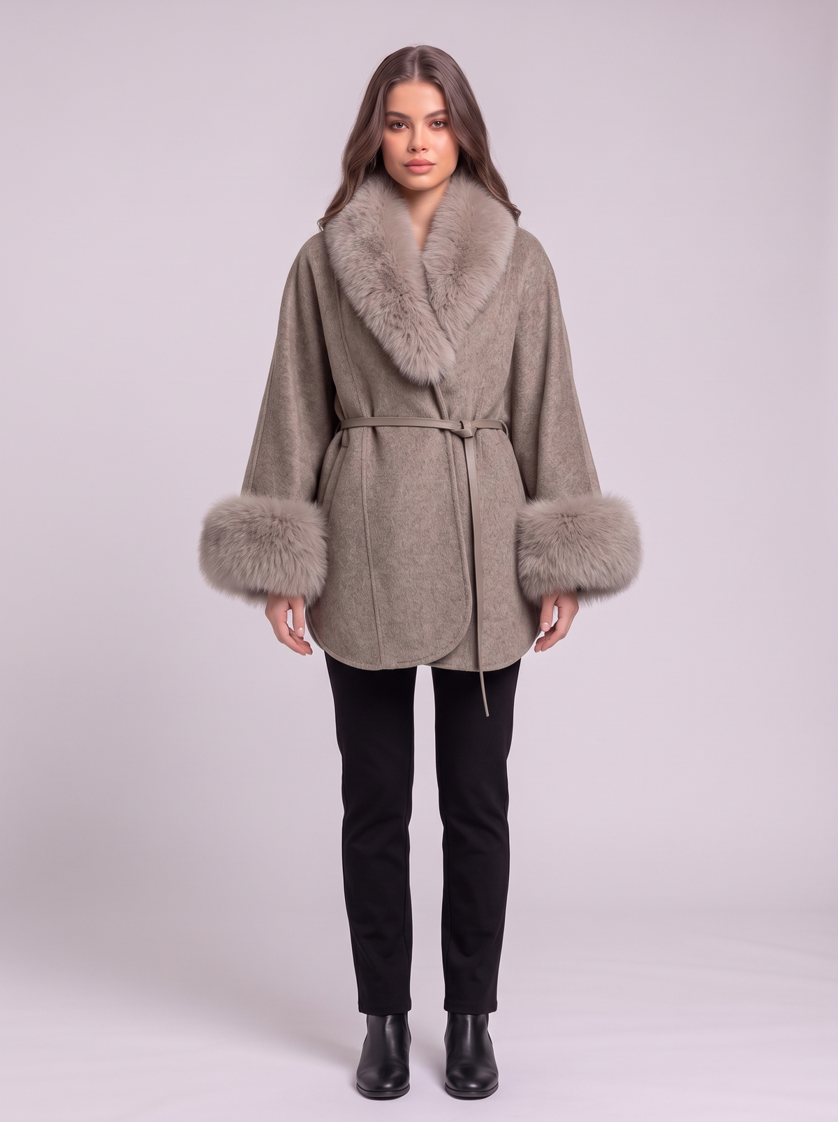 Fur Collar Wool Cape Coat - Gray