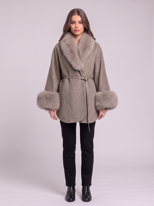 Fur Collar Wool Cape Coat - Gray