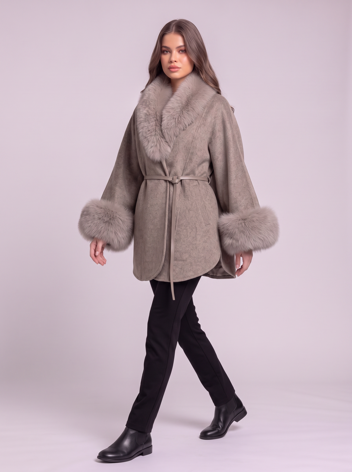 Fur Collar Wool Cape Coat - Gray - side