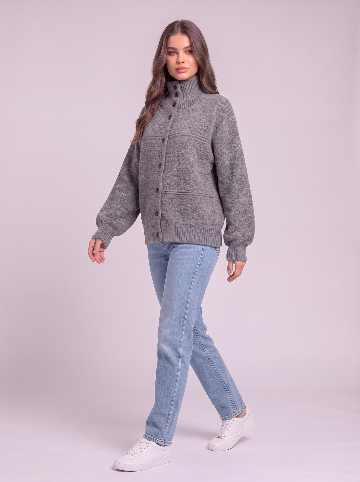 Half-Turtleneck Button Knit Cardigan - Gray - side